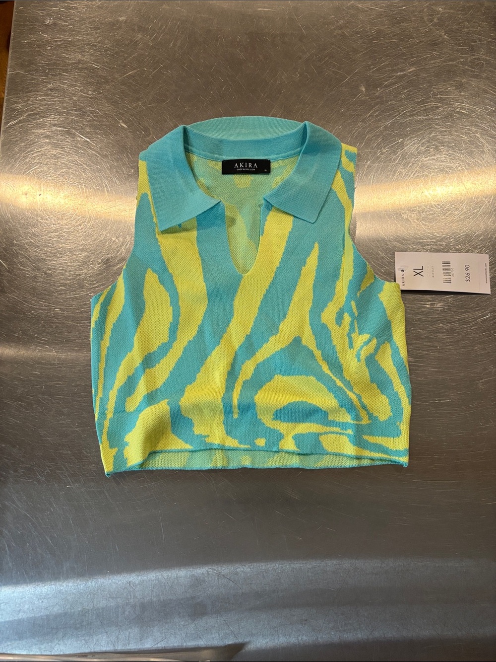 AKIRA Teal and Lime Zebra-Print Knit Polo Crop Tank
